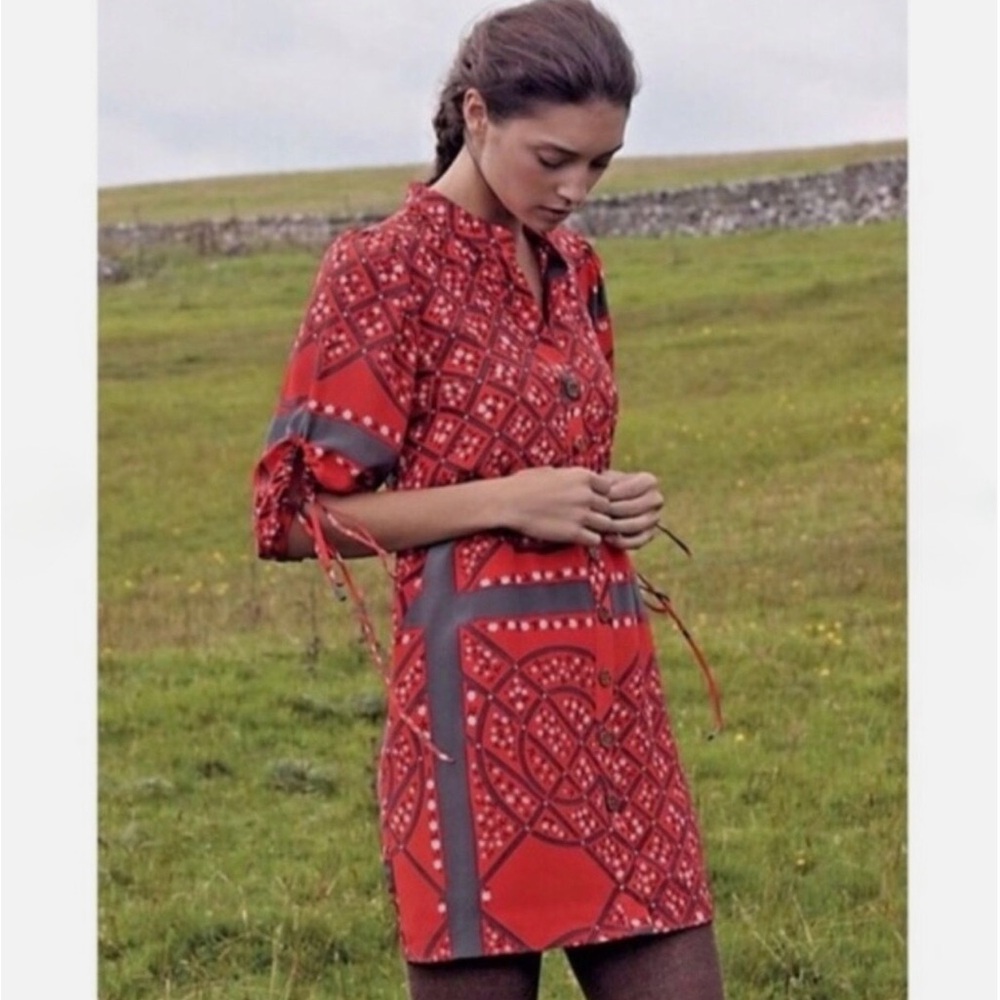 Anthropologie Red Button Down Maeshowe Printed Dress by Moulinette Soeurs Size 8